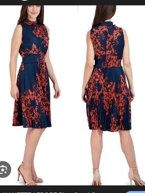 Nanette Lepore Size 4 Sleeveless Navy Floral Pleated Midi Women's Dress